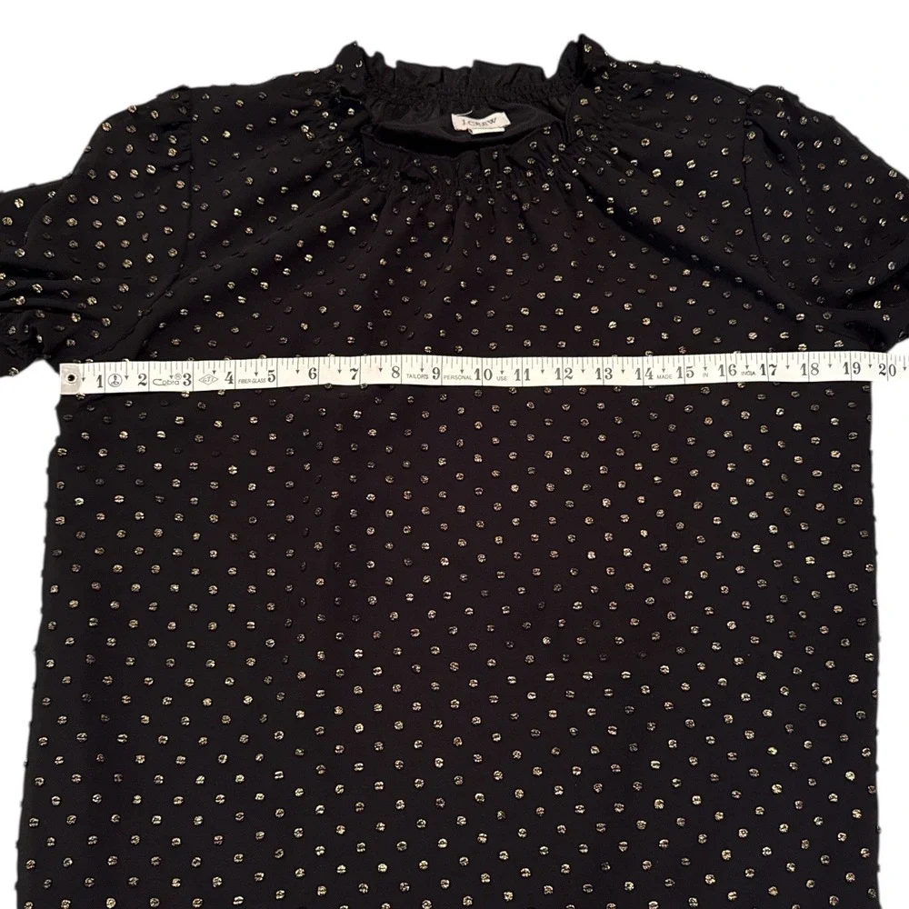 J.Crew‎ Black Gold Metallic Polka Dot Ruffle Neck Puff Sleeve Blouse Sz S